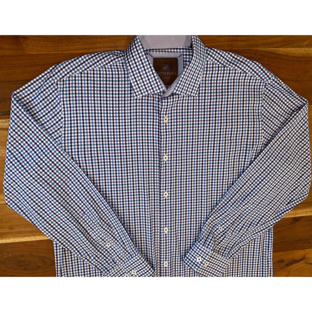 Tattersall London Mens 17 34/35 Blue Purple Gingham Check Cotton Dress Shirt